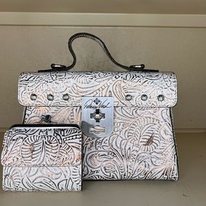 Patricia Nash Chauny satchel and wallet, cream in color with copper embossing.